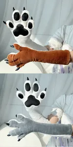 Detailed view of soft furry animal paw gloves with claws for fursuit cosplay props