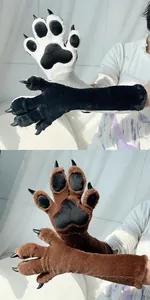 Detailed view of soft plush furry animal paw gloves with black claws for fursuit cosplay