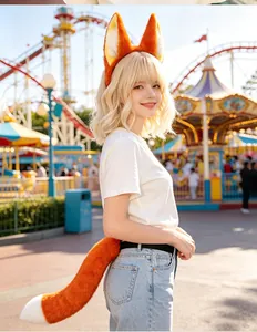 Detailed side view of orange plush fox ear headband and tail set for cosplay party
