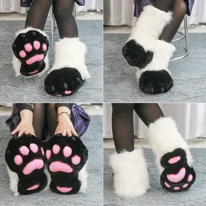 Plush black and white furry animal paw boots with pink pads for furry costume cosplay