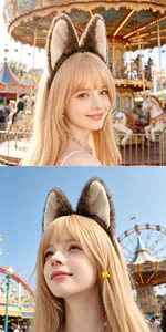 Detailed view of fluffy brown wolf ear headband worn by a girl at a theme park.