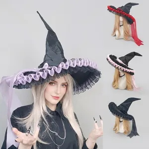 Gothic Lolita Witch Hat Halloween Cosplay Headwear Dark Style Lace Wizard Hat With Long Ribbons For Costume Party Women