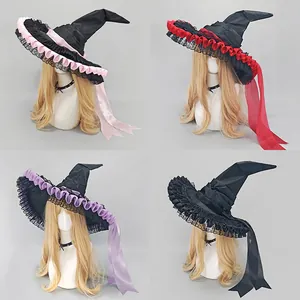 Gothic Lolita Halloween witch hats set in four colors with ruffled lace and long ribbons