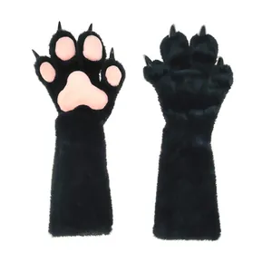Black furry fursuit animal paw gloves for cosplay with soft pink pads and sharp claws