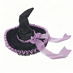 Gothic Lolita witch hat for Halloween cosplay with elegant purple ribbon and lace.