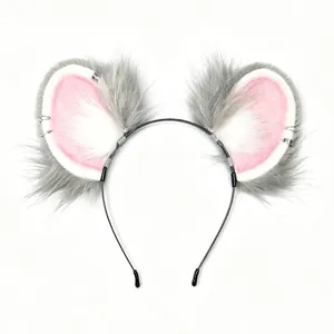 Realistic gray and pink furry mouse ears headband with piercings for cosplay prop.