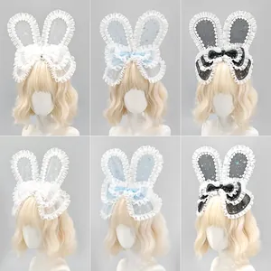 Diadema de orejas de conejo Lolita con lazos de encaje para estilo japonés elegante.