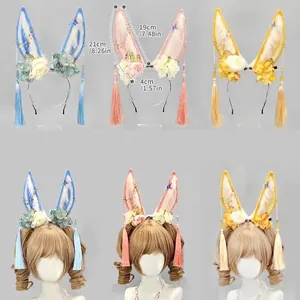Handmade plush bunny ear headband with flowers and tassels for Chinese style cosplay