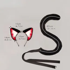 Handmade black and red cat ear headband and long plush tail set for cosplay performance