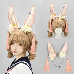 Chinese style plush bunny ear headband with floral tassels for cosplay and festivals
