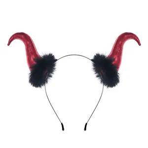 Red shiny metallic devil horn headband with black feather trim for Halloween cosplay