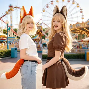 Furry fox and wolf ears headband with matching tail set for Halloween cosplay themed parties.