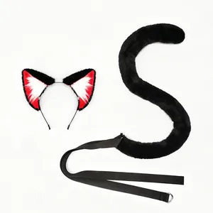 Handmade black cat ear headband and long faux fur tail cosplay set for anime costumes
