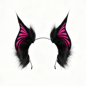 Serre-tête oreilles de chauve-souris en fausse fourrure rose et noir pour cosplay Halloween