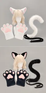 Σετ λούτρινο cosplay γάτας με αυτιά, γάντια πατούσες και ουρά σε μαύρο και λευκό