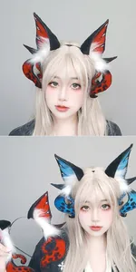 Detailed view of red and blue Cthulhu siren demon ear headbands for cosplay