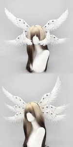Detailed view of white Seraphim wing headpiece with blue eye decor and star chains