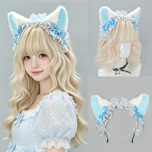 Cute Lolita blue and white cat ear headband with delicate lace bows for cosplay costumes