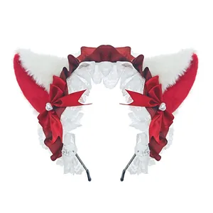 Cute red and white Lolita cat ear headband with elegant lace and satin bows for cosplay