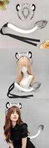 Detail shot of realistic lion ears and tail set worn by a model for cosplay parties.