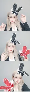 Lolita style bunny ear headpiece with polka dots and lace trim shown on an Asian model