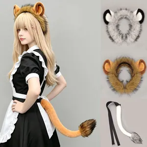 Halloween Lion Ears Headband Faux Fur Animal Plush Tail Costume Accessory For Masquerade Party Performance Props Brown White