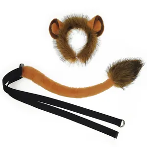 Halloween lion costume set including realistic faux fur ears headband and matching plush tail