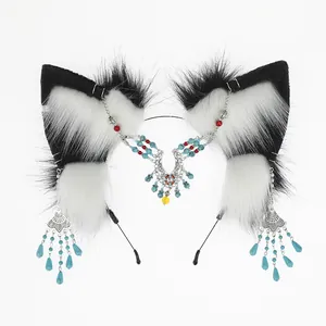 Ethnic faux fur wolf ears headband with turquoise and silver-tone metal pendants