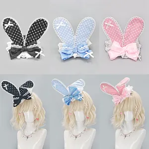 Lolita polka dot rabbit ear headpiece with lace and bow for Harajuku style fashion