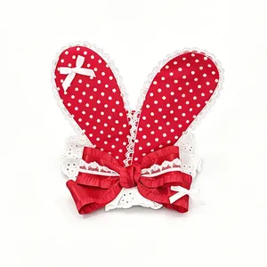 Cute Lolita red polka dot bunny ear headpiece with elegant lace trim and ribbon bows