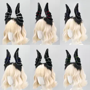 Six variations of black furry devil horn headbands with chains for Halloween cosplay props