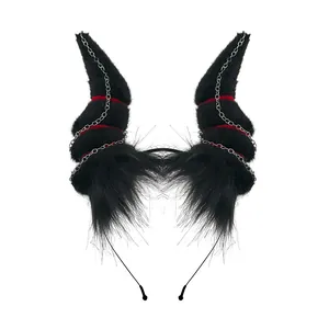 Gothic Halloween devil horn headband with black fur and silver chains for cosplay costume