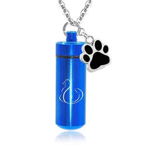 Aluminum Alloy Pet Cremation Urn Necklace For Ashes Cylindrical Cat Paw Print Memorial Pendant Stainless Steel Chain Jewelry