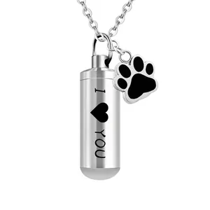 Stainless Steel Cremation Urn Necklace Memorial Cylinder Pendant With Paw Print Charm Pet Ash Keepsake Perfume Bottle Necklace For Unisex