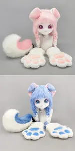 Detailansicht von rosa und blauem Fursuit Kigurumi Hundeset inklusive Kopf, Pfoten und Schwanz