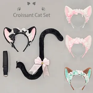 Sweet Lolita Plush Lace Satin Cat Ears Headband Tail Set With Bell For Cosplay Anime Party Hair Accessories For Women