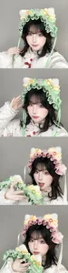 Detail shots of handmade Lolita cat ear headbands in green and pink pastel colors.