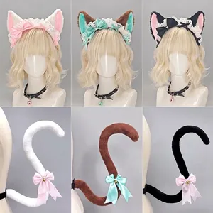 Sweet Lolita cat ear headband and plush tail set with elegant bows and small bells