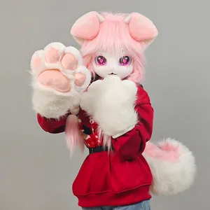 Süßes rosa Furry-Hund Fursuit Kigurumi Kopf mit Plüschpfoten und Schwanz Set für Cosplay