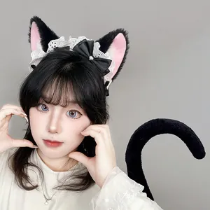 Sweet Lolita black cat ears headband with lace and matching plush tail set for cosplay