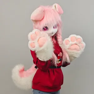 Rosa Hunde-Furry-Kostüm-Set inklusive Kopf mit Zöpfen Pfoten und Schwanz für Cosplay