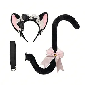Sweet Lolita black cat ear headband and furry tail set with pink bows and bell for cosplay