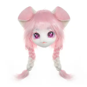 Professioneller rosa und weißer Furry Hundekopf mit Zöpfen im süßen Kigurumi Stil