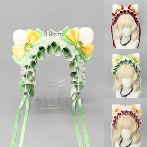 Handmade Lolita plush cat ear headband with lace ruffles, satin bows and 39cm length