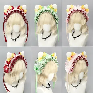 Lolita plush cat ear headband for maid cosplay with lace and ribbons in multi colors