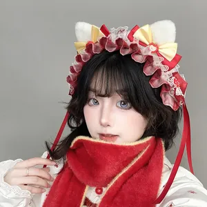 Cute handmade Lolita plush cat ear headband with red lace and bows for cosplay events