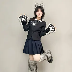 Cute werewolf cosplay accessories set including wolf ears headband and plush paw gloves