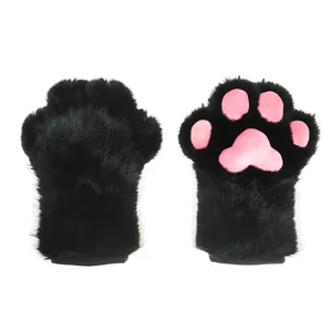 Guantes de pata de gato negros de peluche con almohadillas rosas para cosplay furry