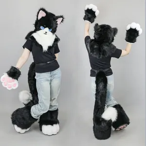 Complete black and white cat fursuit cosplay set with head, paws, tail and furry feet