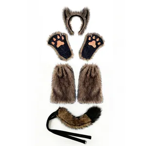 Furry werewolf cosplay costume set including headband ears, paw gloves and plush tail